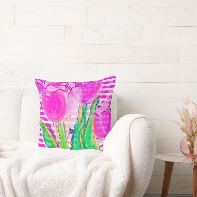 Fuchsia Pink Tulips in een Vase multimedia Kussen (Bank)