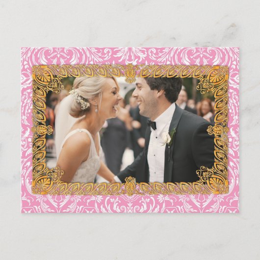 Fuchsia Pink Victoriaans Vintage Damask Lijst Briefkaart (Voorkant)