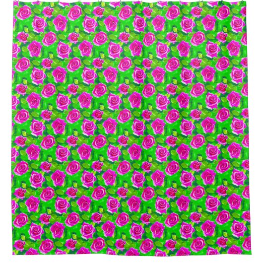 Fuchsia Pink Waterverf Roos Patroon Douchegordijn (Voorkant)