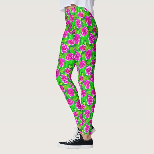 Fuchsia Pink Waterverf Roos Patroon Leggings (Links)