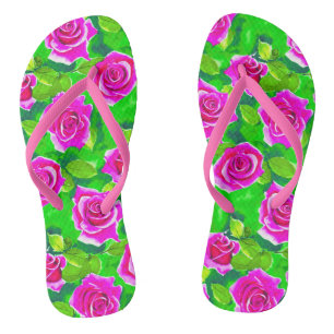 Fuchsia Pink Waterverf Roos Patroon Teenslippers