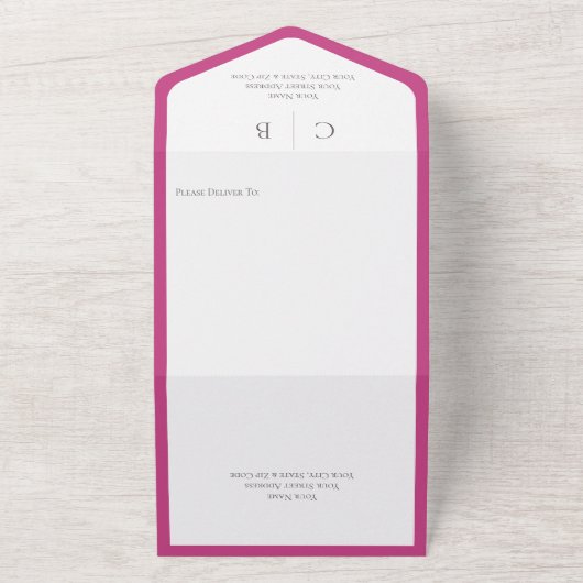 Fuchsia Pink & White Monogram Minimaal Dinner All In One Uitnodiging (Buitenkant)