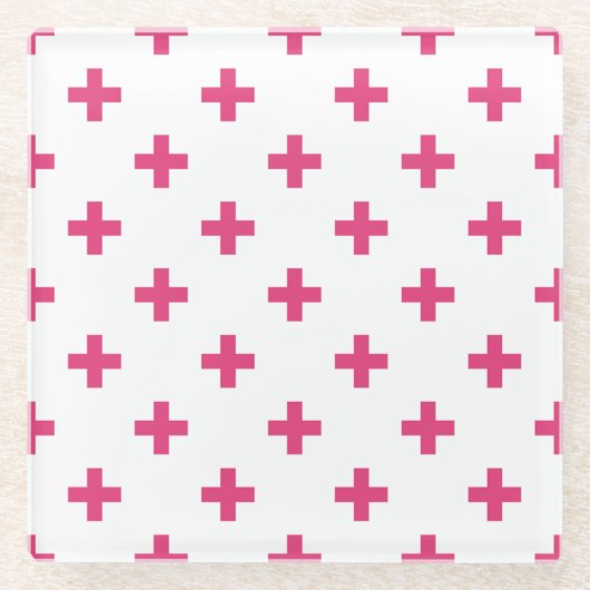 Fuchsia polka kruist wit glazen onderzetter (Voorkant)