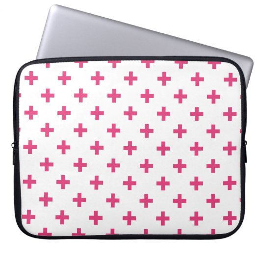 Fuchsia polka kruist wit laptop sleeve (Voorkant)