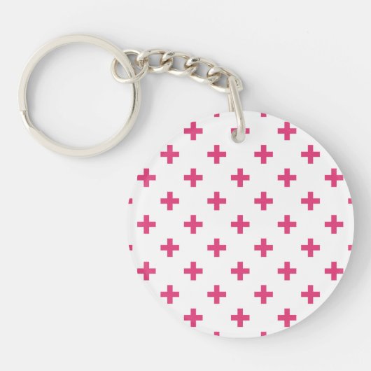 Fuchsia polka kruist wit sleutelhanger (Voorkant)