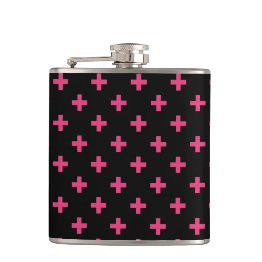 Fuchsia polka kruist zwart heupfles (Voorkant)