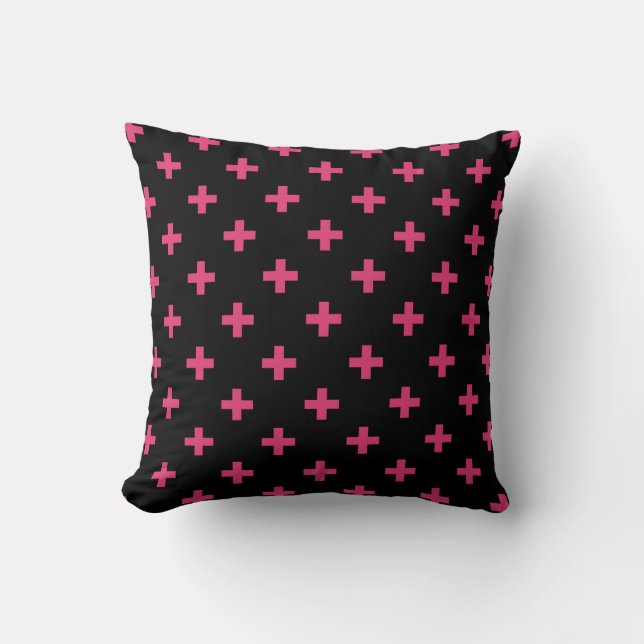 Fuchsia polka kruist zwart kussen (Voorkant)