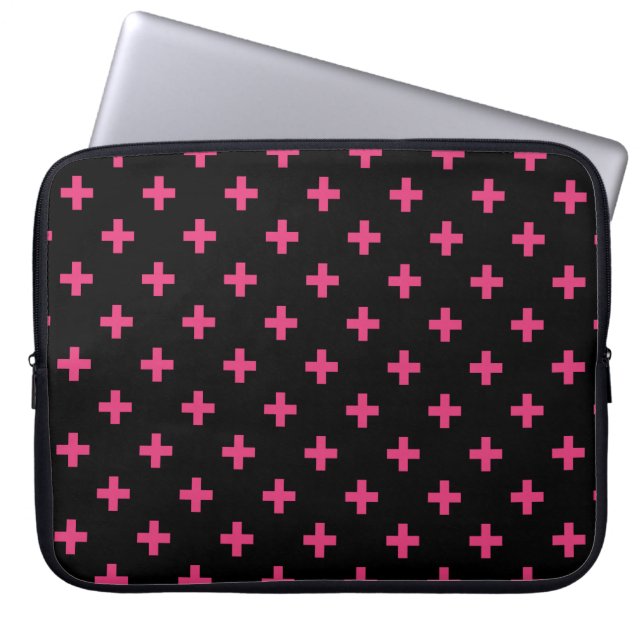 Fuchsia polka kruist zwart laptop sleeve (Voorkant)
