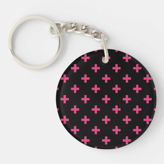 Fuchsia polka kruist zwart sleutelhanger (Voorkant)