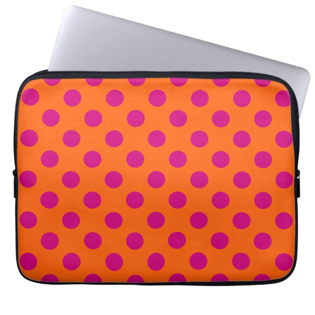 Fuchsia polka-punten op sinaasappel laptop sleeve (Voorkant)
