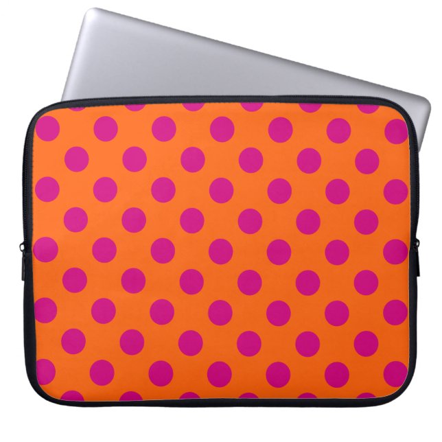 Fuchsia polka-punten op sinaasappel laptop sleeve (Voorkant)