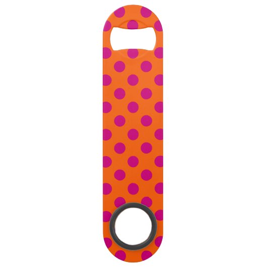 Fuchsia polka-punten op sinaasappel speed flessenopener (Voorkant)