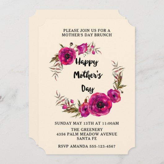 Fuchsia Poppies Bloemenkrans Moederdag Brunch Kaart (Voorkant / Achterkant)