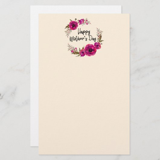 Fuchsia Poppies Floral WreatHappy Moederdag Briefpapier (Voorkant / Achterkant)