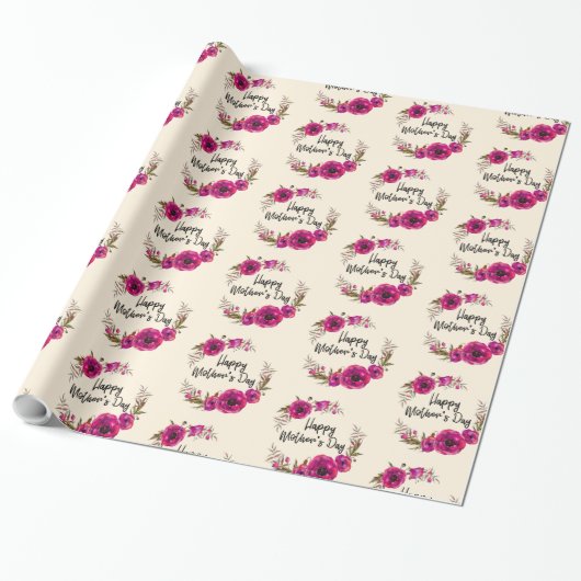 Fuchsia Poppies Floral WreatHappy Moederdag Cadeaupapier (Uitgerold)