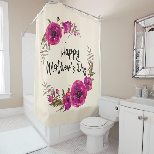 Fuchsia Poppies Floral WreatHappy Moederdag Douchegordijn (In situ)