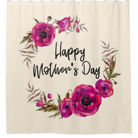 Fuchsia Poppies Floral WreatHappy Moederdag Douchegordijn (Voorkant)