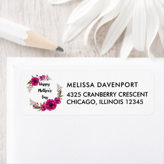 Fuchsia Poppies Floral WreatHappy Moederdag Etiket (Insitu)