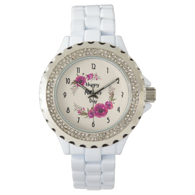 Fuchsia Poppies Floral WreatHappy Moederdag Horloge (Voorkant)
