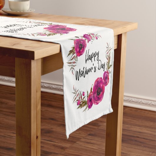 Fuchsia Poppies Floral WreatHappy Moederdag Korte Tafelloper (Voorbeeld)