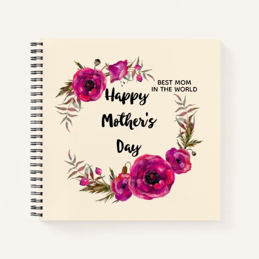 Fuchsia Poppies Floral WreatHappy Moederdag Notitieboek (Voorkant)
