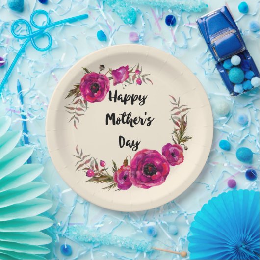 Fuchsia Poppies Floral WreatHappy Moederdag Papieren Bordje (Feest)