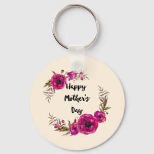 Fuchsia Poppies Floral WreatHappy Moederdag Sleutelhanger