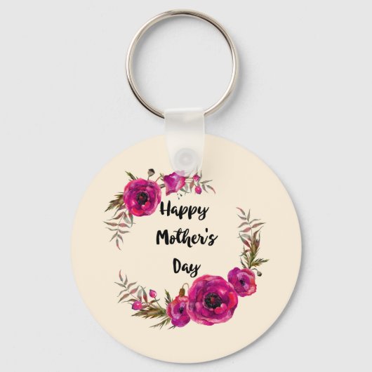 Fuchsia Poppies Floral WreatHappy Moederdag Sleutelhanger (Voorkant)