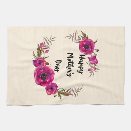 Fuchsia Poppies Floral WreatHappy Moederdag Theedoek (Horizontaal)