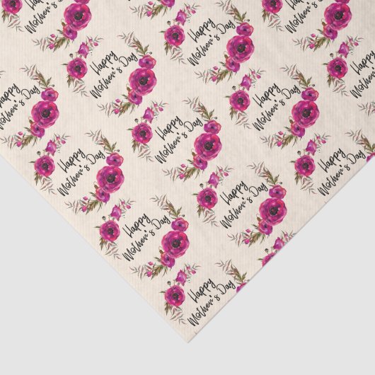 Fuchsia Poppies Floral WreatHappy Moederdag Tissuepapier (Detail)