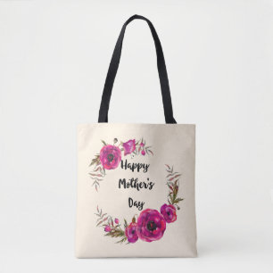 Fuchsia Poppies Floral WreatHappy Moederdag Tote Bag