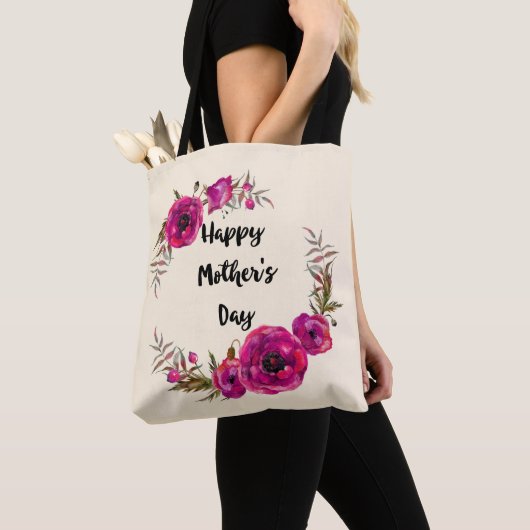 Fuchsia Poppies Floral WreatHappy Moederdag Tote Bag (Dichtbij)