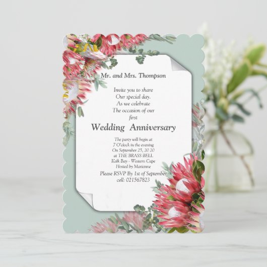 Fuchsia Protea Bloemboeketten Jubileum Kaart (Staand voorkant)