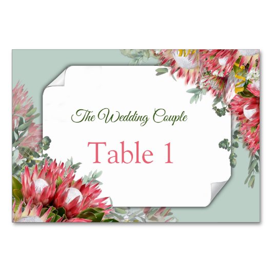 Fuchsia Protea - Green & Gold Table cards Kaart (Voorkant)