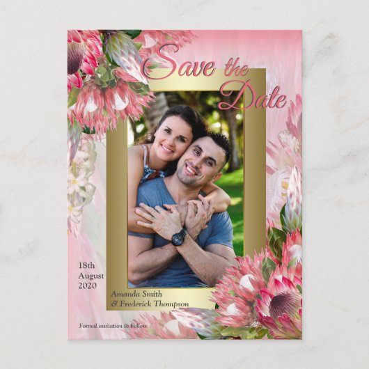 Fuchsia Protea is voorzien van Blush & Gold Save t Aankondigingskaart (Voorkant)