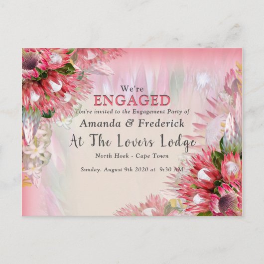 Fuchsia Protea's - Blush & Gold Ribben Verloving Uitnodiging Briefkaart (Voorkant)