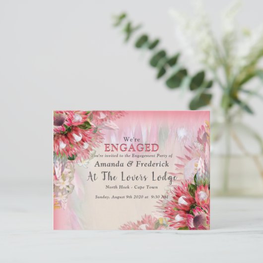 Fuchsia Protea's - Blush & Gold Ribben Verloving Uitnodiging Briefkaart (Staand voorkant)