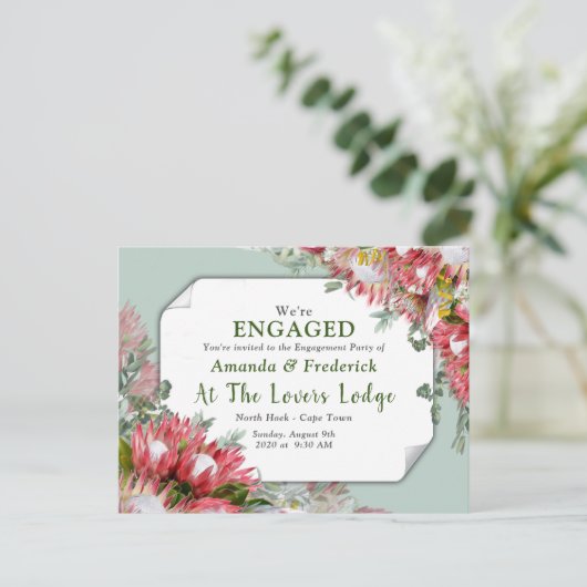 Fuchsia Protea's - Groen & Goud Ribben Verloving Uitnodiging Briefkaart (Staand voorkant)