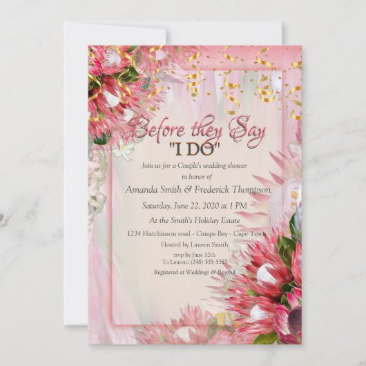 Fuchsia Protea's met Blush & Gold Trouwdouche Kaart (Voorkant)