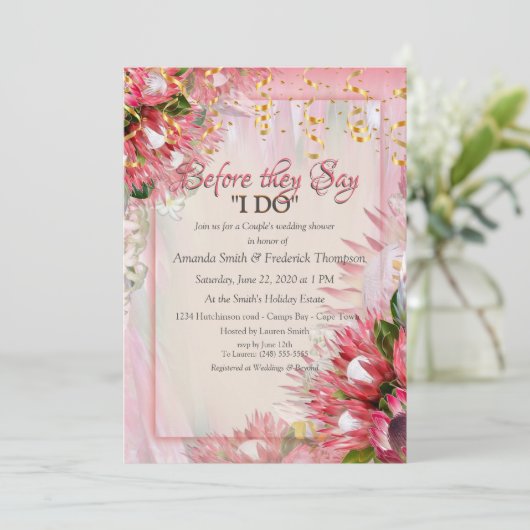 Fuchsia Protea's met Blush & Gold Trouwdouche Kaart (Staand voorkant)