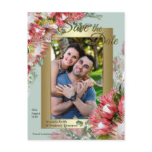 Fuchsia Protea's met Green & Gold Save the Date