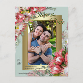Fuchsia Protea's met Green & Gold Save the Date Aankondigingskaart