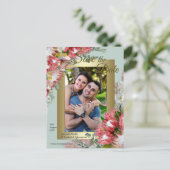 Fuchsia Protea's met Green & Gold Save the Date Aankondigingskaart (Staand voorkant)