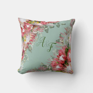 Fuchsia Protea's met Groenen & Goud Trouwcadeau Kussen