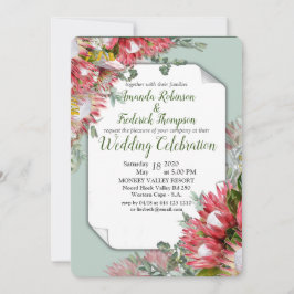 Fuchsia Protea's met Groenen & Gouden Lint Kaart