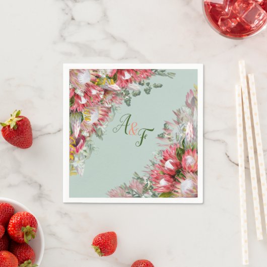 Fuchsia Protea's & Sage Groene bladeren servetten (Insitu)