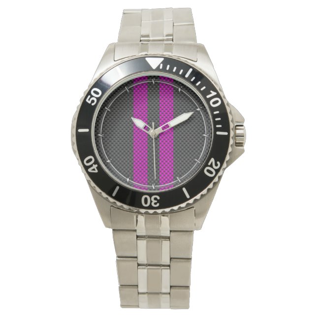 Fuchsia Racing Stripes in koolstofvezelstijl Horloge (Voorkant)