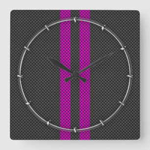 Fuchsia Racing Stripes in koolstofvezelstijl Vierkante Klok