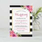Fuchsia Raspberry Floral Stripes Modern Wedding Kaart (Staand voorkant)
