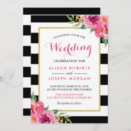 Fuchsia Raspberry Floral Stripes Modern Wedding Kaart
